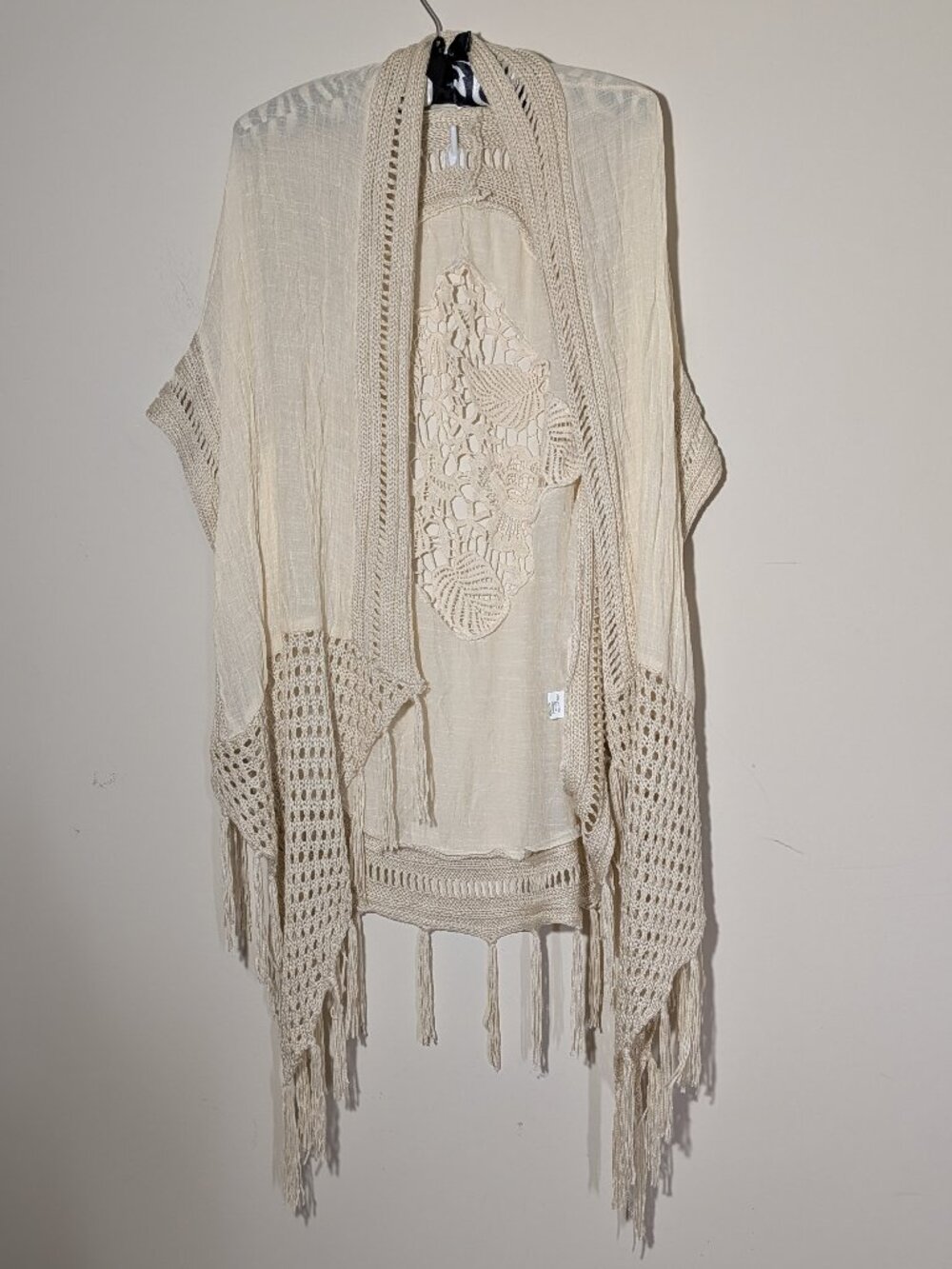Miracle USA Cotton Open Knit Crochet Fringed Boho Vest Size M/L Cream